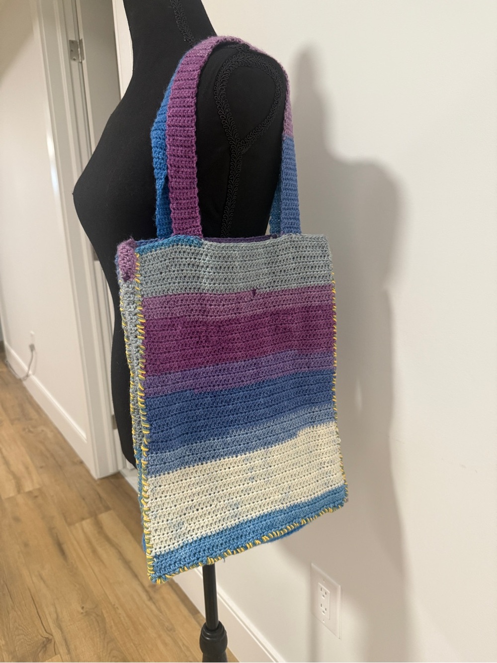 Hand Crocheted Medium Tote Bag Purple Blue Cream Multicolor Handmade Boho Fall